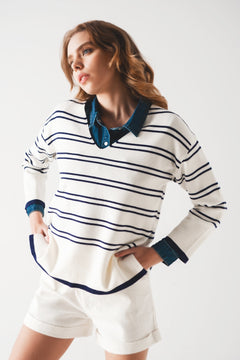 Sweater in White With Navy Stripe