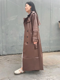 X-Long Fake Leather Trench Coats for Women, Slim Belt, Waist Back, High Cut Up