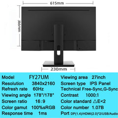 27inch Computer Monitor PC 4K UHD Monitor 60Hz IPS 1ms Adaptive-Sync