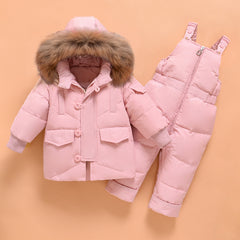 Fashionable Ski Bib Pants Fur Down Jacket Toddler Winter Outfit Sets Snowsuit