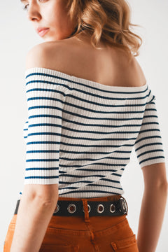 Stripe Bardot Top in Navy