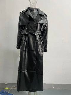 X-Long Fake Leather Trench Coats for Women, Slim Belt, Waist Back, High Cut Up