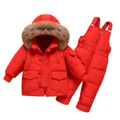 Fashionable Ski Bib Pants Fur Down Jacket Toddler Winter Outfit Sets Snowsuit