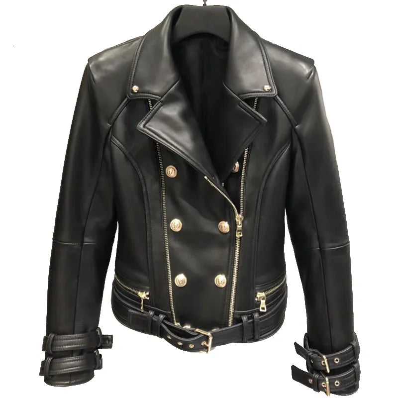 Genuine Leather Jacket Women Autumn Spring Zipper Belted Moto Jacket