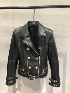 Genuine Leather Jacket Women Autumn Spring Zipper Belted Moto Jacket