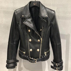 Genuine Leather Jacket Women Autumn Spring Zipper Belted Moto Jacket