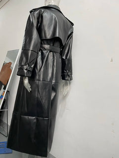 X-Long Fake Leather Trench Coats for Women, Slim Belt, Waist Back, High Cut Up