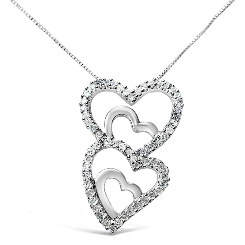 .925 Sterling Silver 3/8 Cttw Round Diamond Double Heart-in-Heart Pendant 18