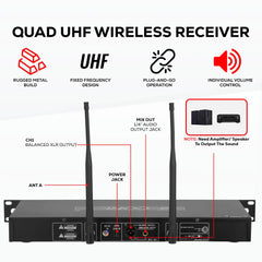 5 Core Wireless Microphone System 4 Channel UHF 492F Range Portable Receiver w Cordless Mic