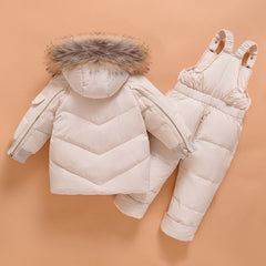 Fashionable Ski Bib Pants Fur Down Jacket Toddler Winter Outfit Sets Snowsuit