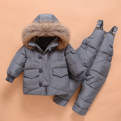 Fashionable Ski Bib Pants Fur Down Jacket Toddler Winter Outfit Sets Snowsuit