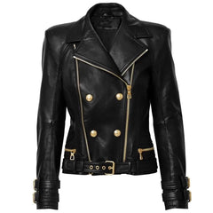 Genuine Leather Jacket Women Autumn Spring Zipper Belted Moto Jacket