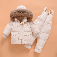 Fashionable Ski Bib Pants Fur Down Jacket Toddler Winter Outfit Sets Snowsuit